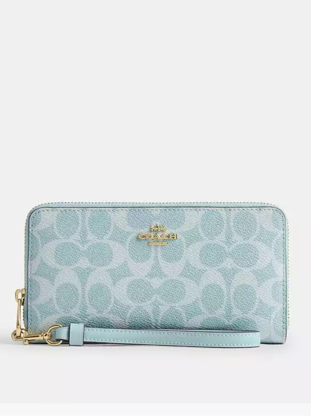 Coach Long Zip Around Wallet In Gold/Light Blue Signature Canvas